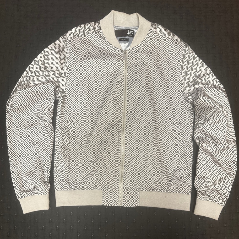 JF J. Ferrar Geometric Diamond Zip-Front Bomber Jacket - White & Black
